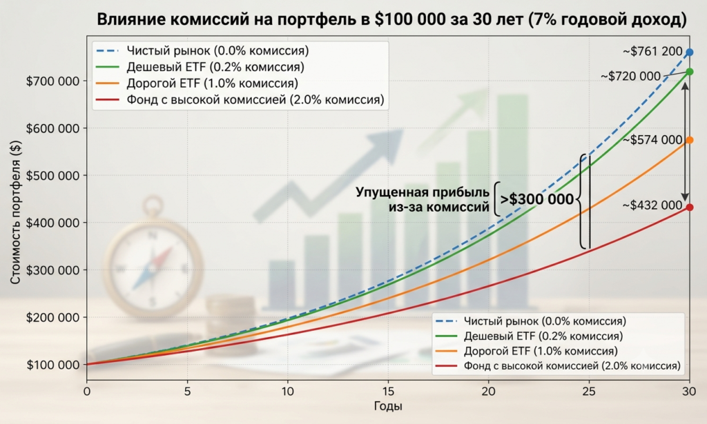 ETF. График зависимости прибыли от комиссий ETF.